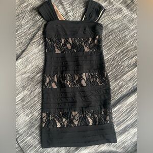 Adrianna Papell Womens Black Sleeveless Lace Overlay Tiered Sheath